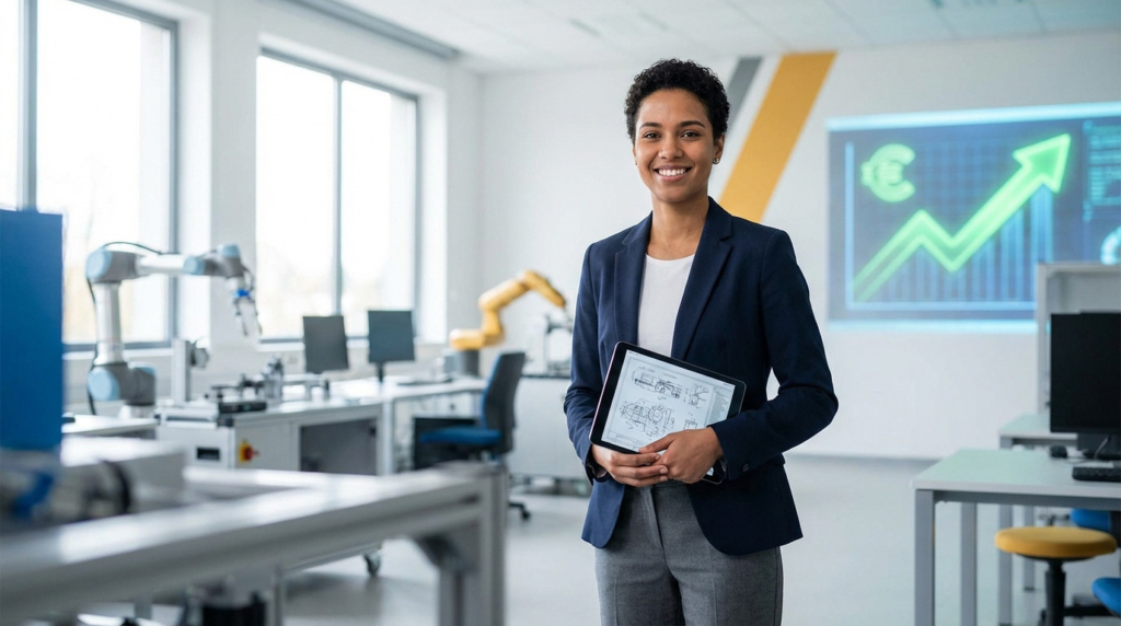 Smiling young woman in smart casuals holds tablet with technical diagram in modern vocational center. Robotics, financial growth chart visible.