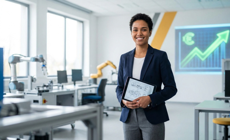 Smiling young woman in smart casuals holds tablet with technical diagram in modern vocational center. Robotics, financial growth chart visible.