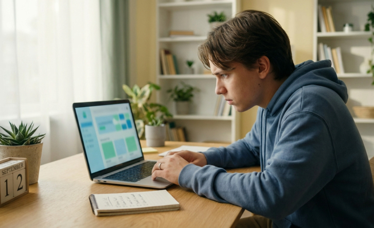 Young individual intensely focused on a laptop screen at a modern wooden desk, with a calendar and plant, in a well-lit study space.