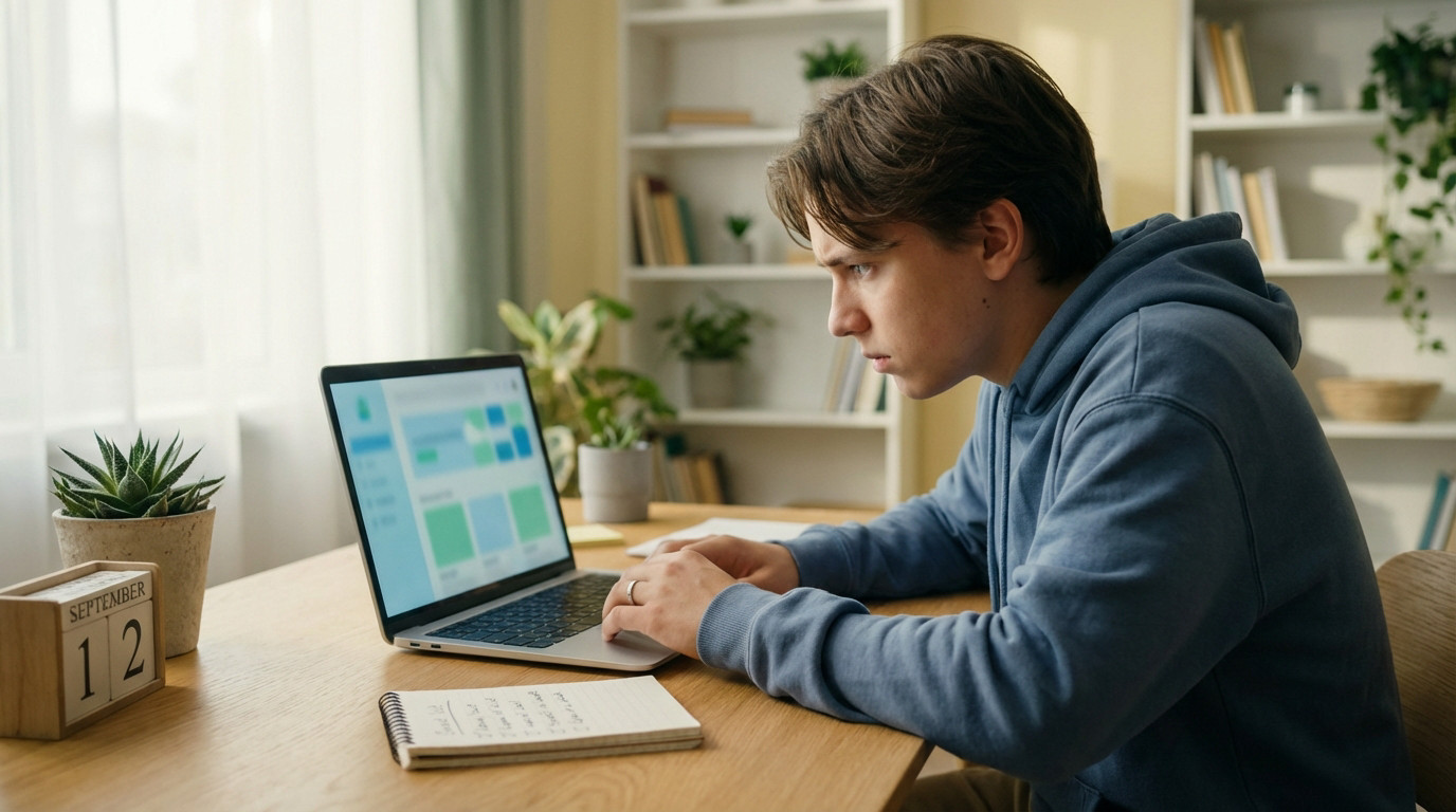 Young individual intensely focused on a laptop screen at a modern wooden desk, with a calendar and plant, in a well-lit study space.