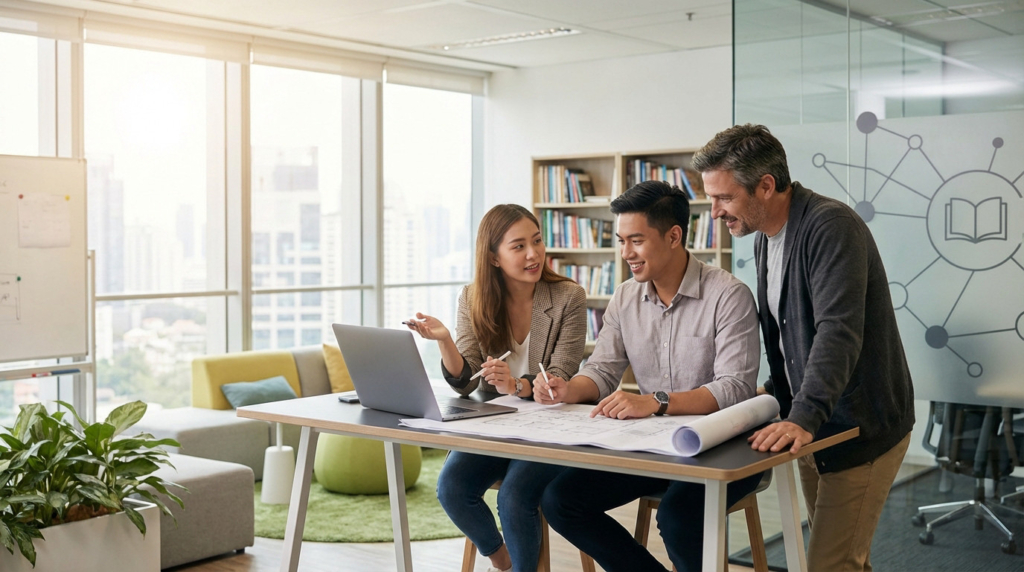 Young adults and a mentor collaborate on laptop/blueprints in a modern, bright office with bookshelf and educational symbols.