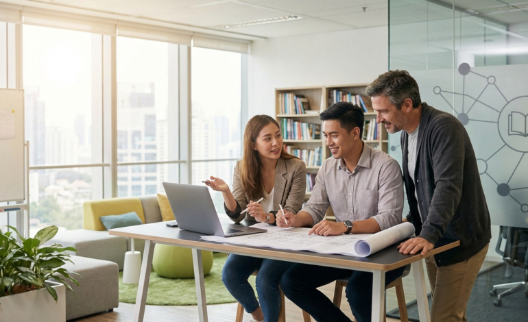 Young adults and a mentor collaborate on laptop/blueprints in a modern, bright office with bookshelf and educational symbols.