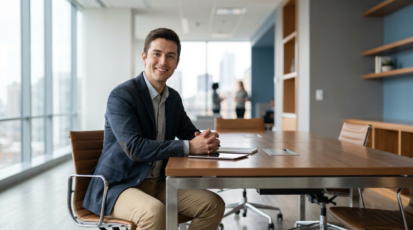 Young man in smart casual attire, excellent posture, serene smile, sits confidently at a modern office table. Professional setting.