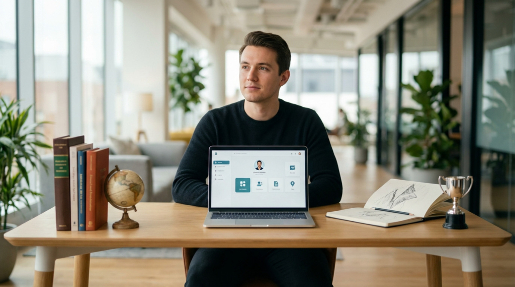 Young man at modern desk with laptop showing digital profile, surrounded by books, globe, sketchbook, and trophy, conveying diverse interests.