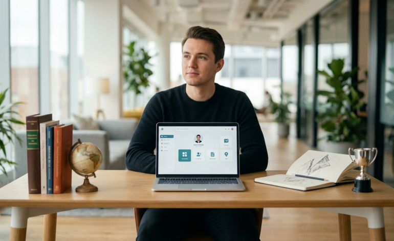 Young man at modern desk with laptop showing digital profile, surrounded by books, globe, sketchbook, and trophy, conveying diverse interests.