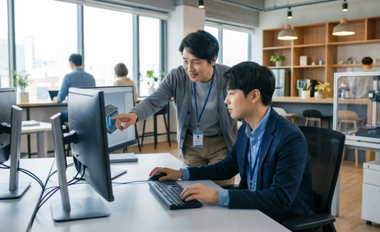 A mentor points to a 3D design on a computer screen, guiding a young professional in a modern, well-lit office.