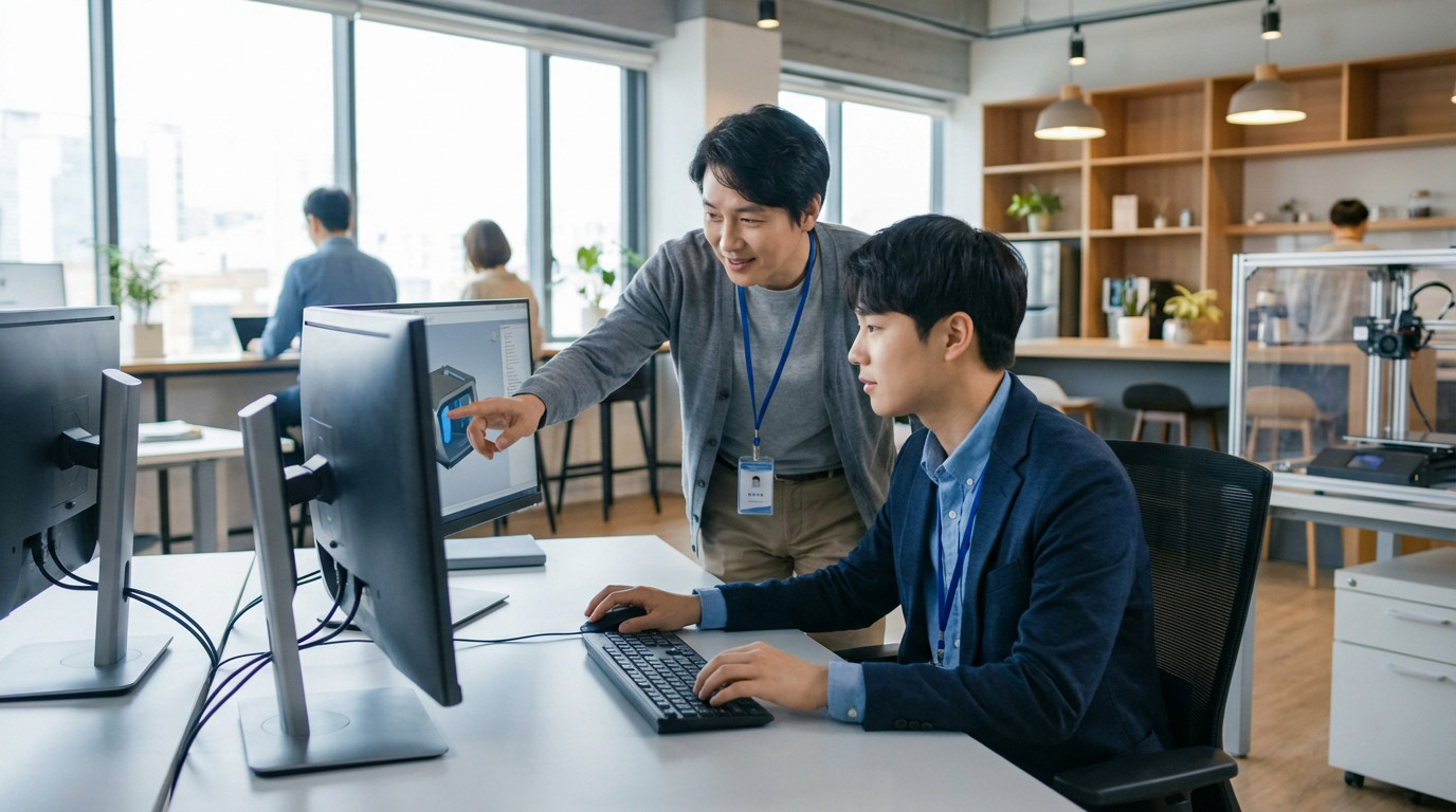 A mentor points to a 3D design on a computer screen, guiding a young professional in a modern, well-lit office.