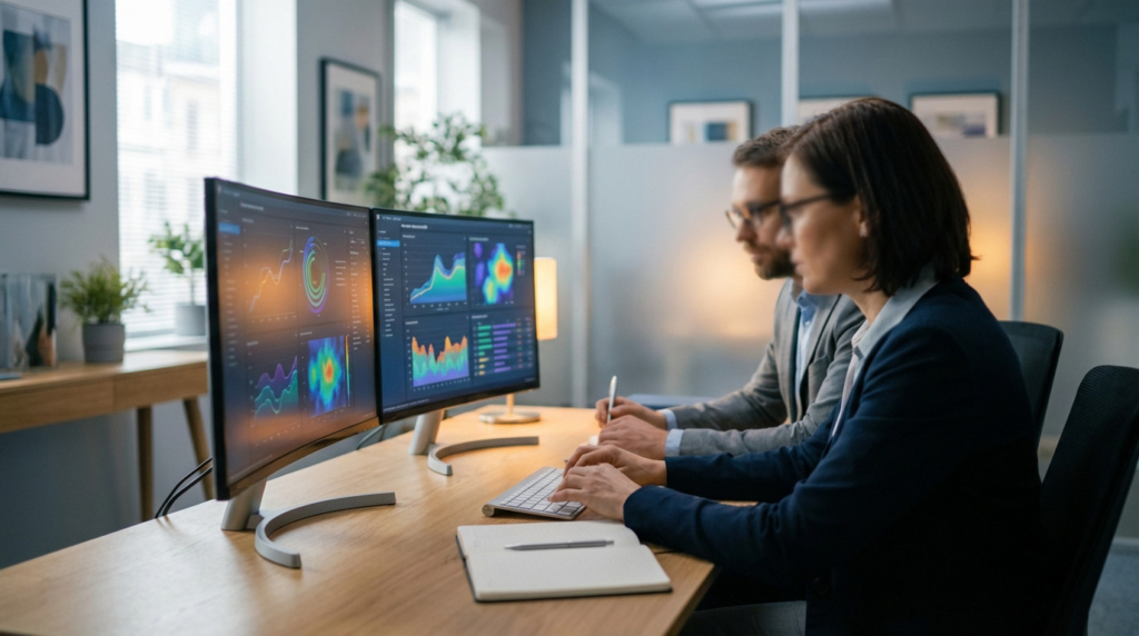 Two academic staff diligently review colorful data visualizations on dual monitors in a modern office, one typing, one with a pen and notebook.