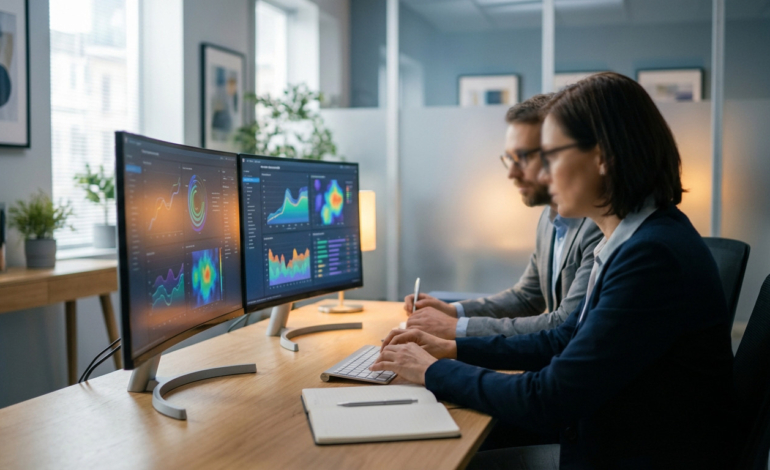 Two academic staff diligently review colorful data visualizations on dual monitors in a modern office, one typing, one with a pen and notebook.
