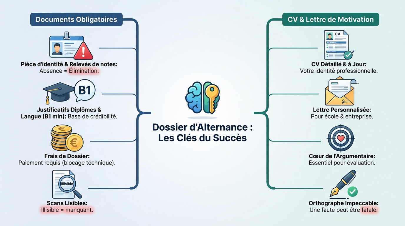 Dossier d'alternance complet sur un bureau avec CV et lettre de motivation
