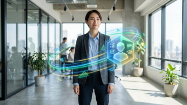 Young professional in modern office, confident, with a glowing holographic profile displaying skills and education.