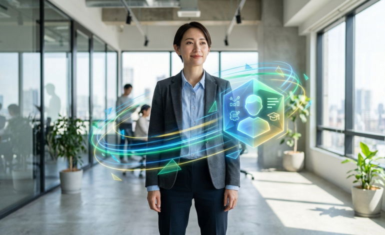 Young professional in modern office, confident, with a glowing holographic profile displaying skills and education.