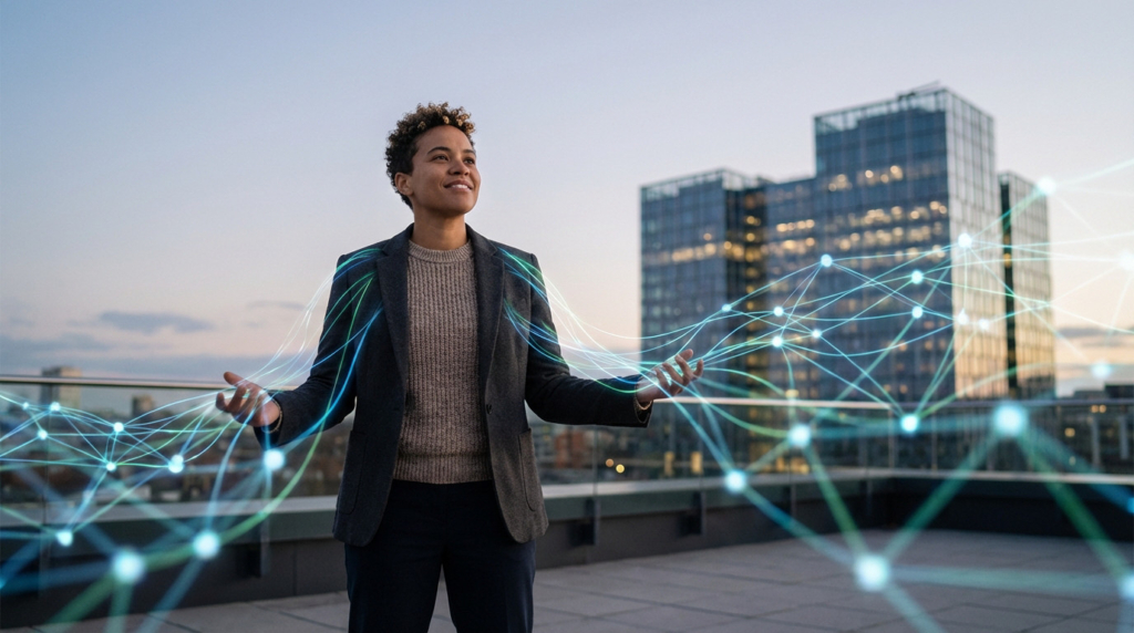 Optimistic professional on a rooftop, generating a glowing blue/green network. Blurred corporate buildings symbolize growth.