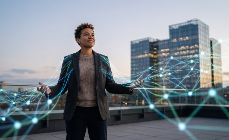 Optimistic professional on a rooftop, generating a glowing blue/green network. Blurred corporate buildings symbolize growth.