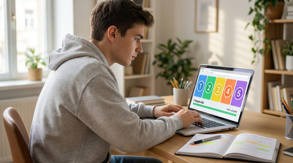 Jeune homme concentré sur un ordinateur portable affichant 5 étapes clés et une progression à 100%, sur un bureau organisé.
