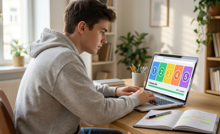 Jeune homme concentré sur un ordinateur portable affichant 5 étapes clés et une progression à 100%, sur un bureau organisé.