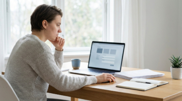 Young adult intently views a laptop with a job search form, hand on mouse, at a modern desk with natural light.