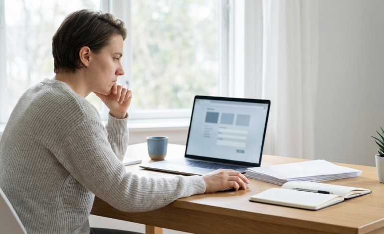 Young adult intently views a laptop with a job search form, hand on mouse, at a modern desk with natural light.