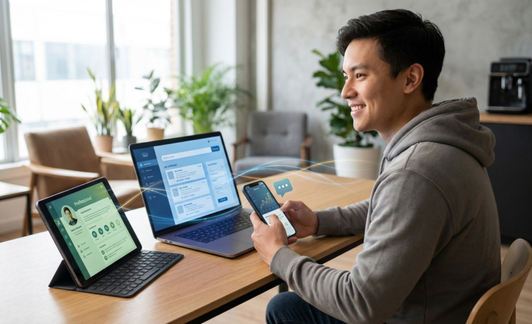 A young man smiles while using a laptop, tablet, and smartphone for a job search, connected by digital trails, in a bright office.