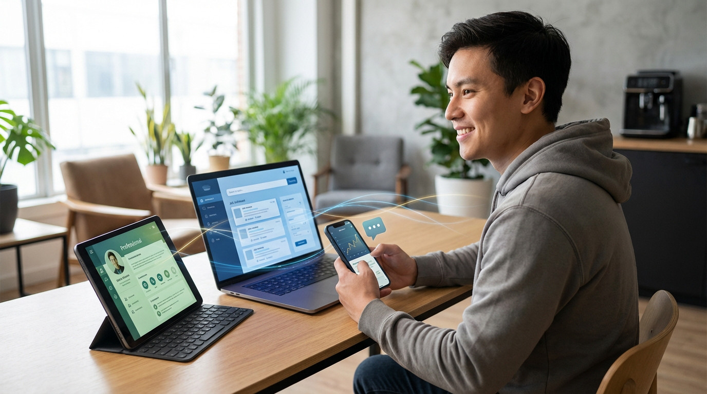 A young man smiles while using a laptop, tablet, and smartphone for a job search, connected by digital trails, in a bright office.