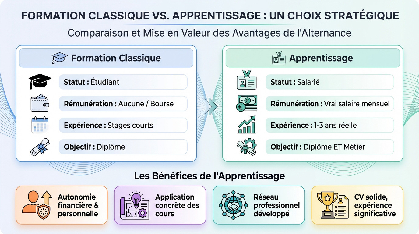 Comparatif visuel entre le statut étudiant classique et le statut de salarié en apprentissage