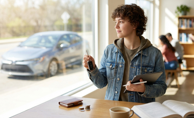 Confident young adult holding car keys and a tablet, looking out a window at a car. Wallet, coins, and a book are on the table in a bright cafe setting.