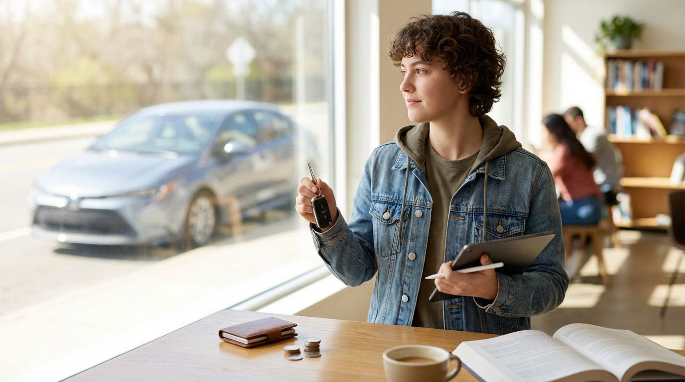 Confident young adult holding car keys and a tablet, looking out a window at a car. Wallet, coins, and a book are on the table in a bright cafe setting.