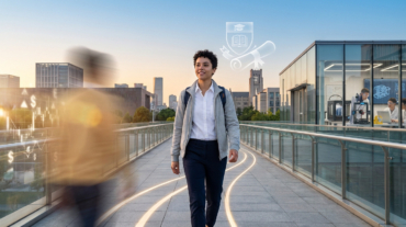 Confident young adult on a modern path with glowing symbols of financial growth, a learning lab, and academic diploma.