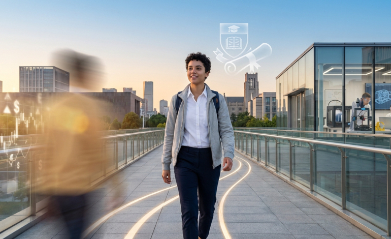 Confident young adult on a modern path with glowing symbols of financial growth, a learning lab, and academic diploma.