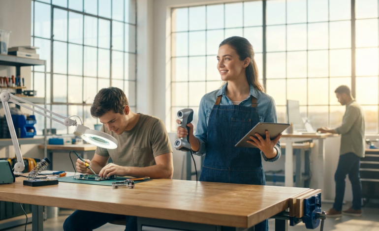 Three young adults in a bright, modern workshop. One solders, another holds a 3D scanner and tablet, a third works on a laptop.