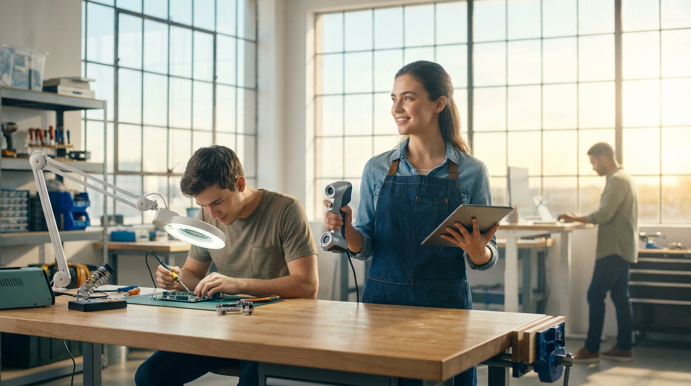 Three young adults in a bright, modern workshop. One solders, another holds a 3D scanner and tablet, a third works on a laptop.