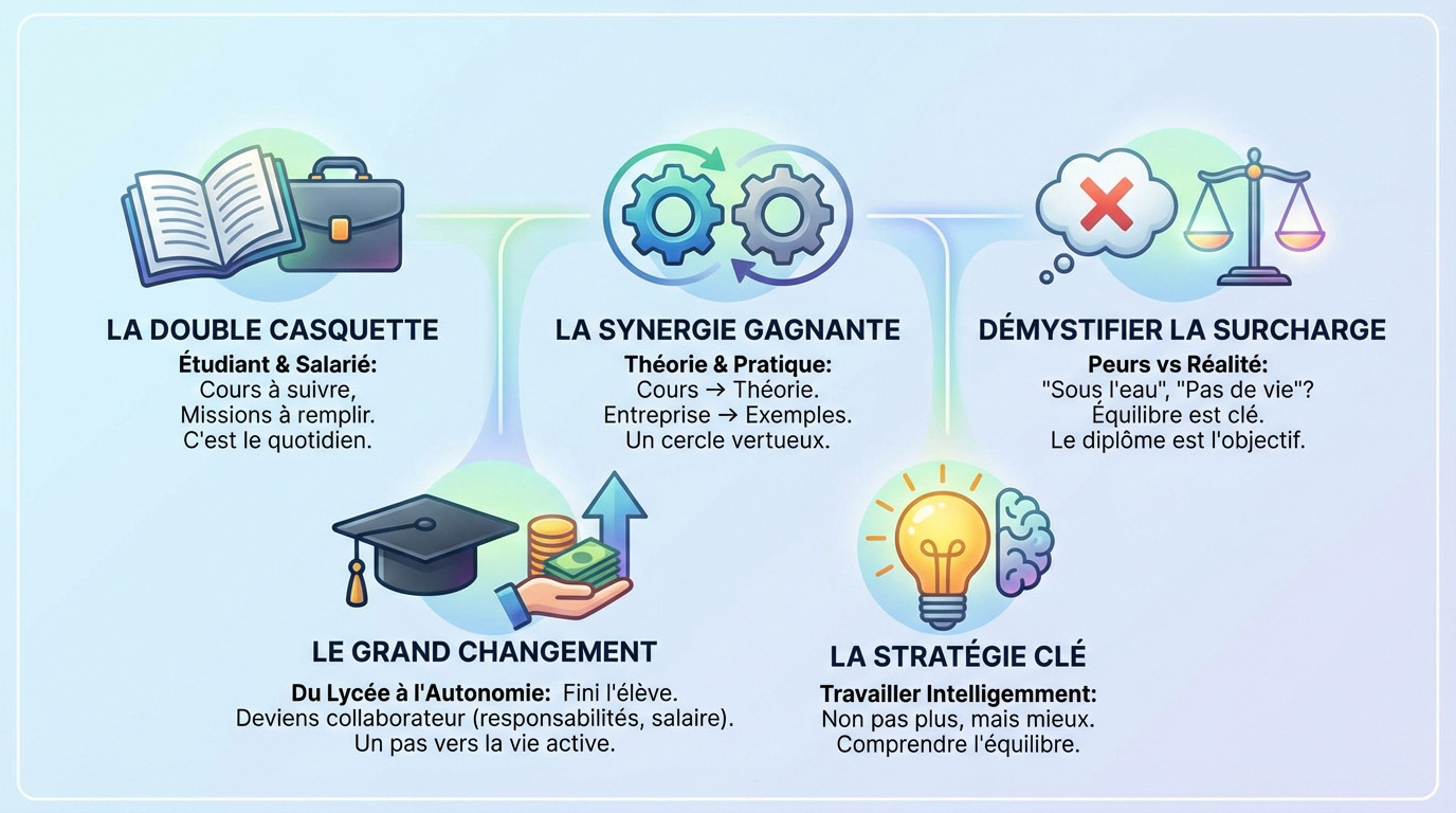 Jeune étudiant en alternance gérant son emploi du temps entre cours et entreprise