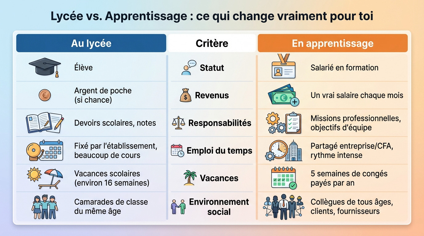 Comparatif visuel entre la vie de lycéen et la vie d'apprenti salarié