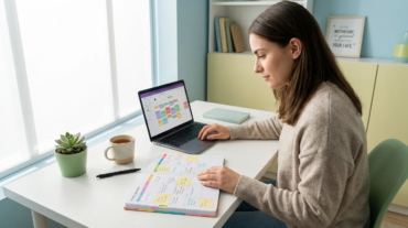 Focused young woman using laptop and paper planner at a tidy, sunlit desk with a plant and tea, symbolizing organization.