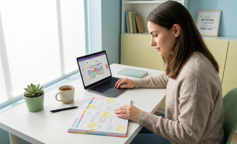 Focused young woman using laptop and paper planner at a tidy, sunlit desk with a plant and tea, symbolizing organization.