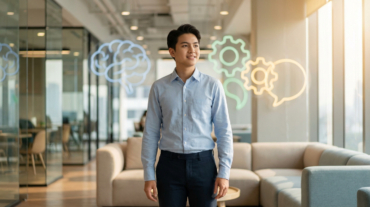 Young adult in smart-casual attire stands confidently in a modern office, surrounded by glowing soft skill icons.