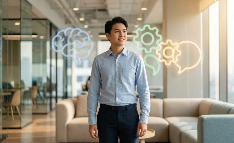 Young adult in smart-casual attire stands confidently in a modern office, surrounded by glowing soft skill icons.