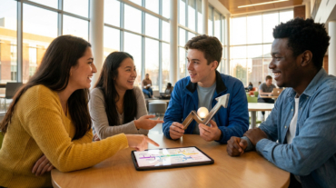 Four diverse students collaborate enthusiastically in a bright university common area, discussing a project on a tablet and holding a progress symbol.