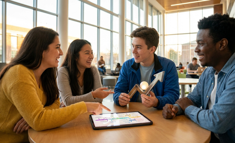 Four diverse students collaborate enthusiastically in a bright university common area, discussing a project on a tablet and holding a progress symbol.