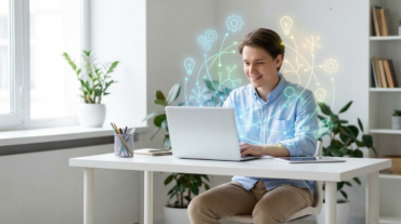 Young man smiling, learning on a laptop with glowing lines and symbols representing ideas and knowledge in a modern study.