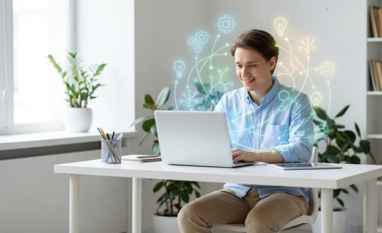Young man smiling, learning on a laptop with glowing lines and symbols representing ideas and knowledge in a modern study.