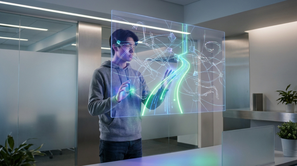 Young person in hoodie interacts with a glowing holographic interface showing complex data paths, highlighting an optimized green route.