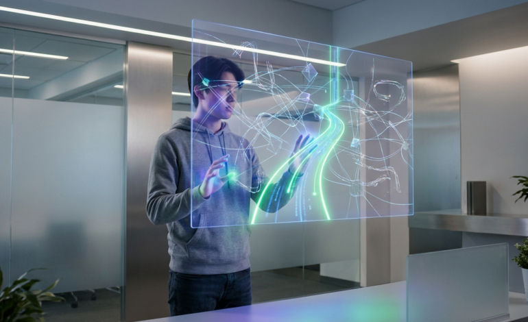 Young person in hoodie interacts with a glowing holographic interface showing complex data paths, highlighting an optimized green route.