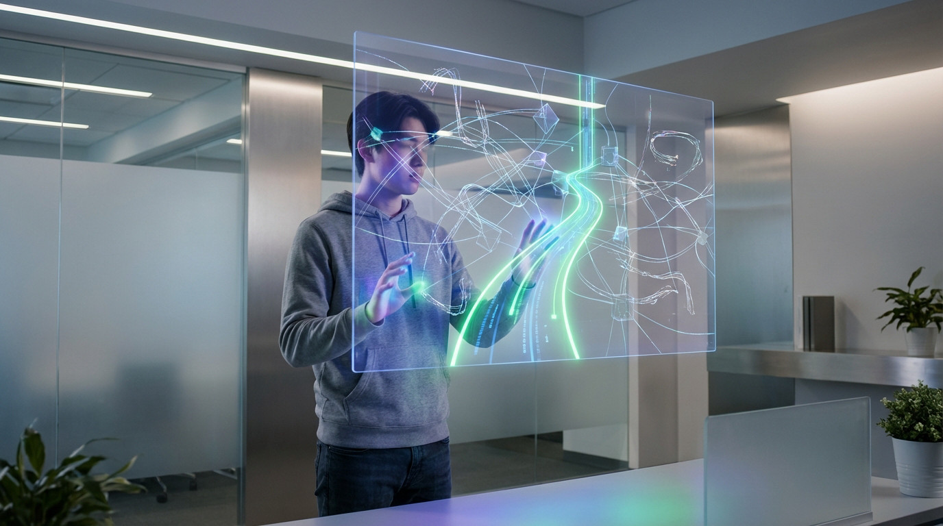 Young person in hoodie interacts with a glowing holographic interface showing complex data paths, highlighting an optimized green route.