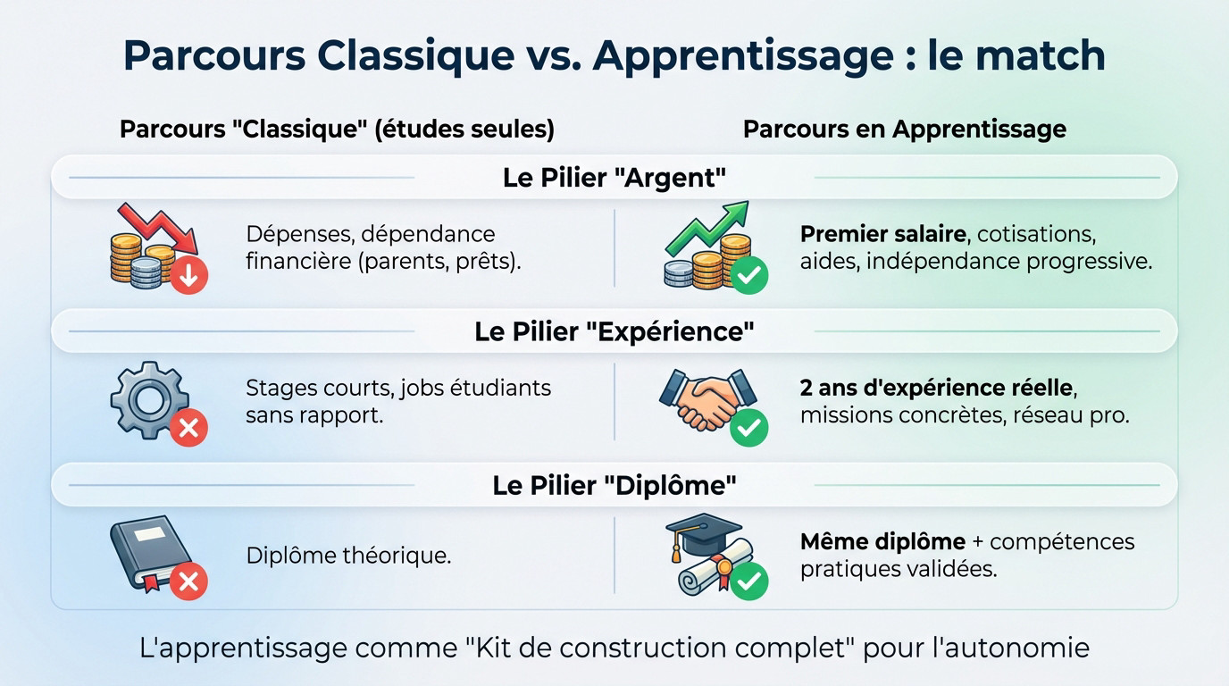 Tableau comparatif entre le parcours scolaire classique et l'apprentissage pour l'autonomie financière