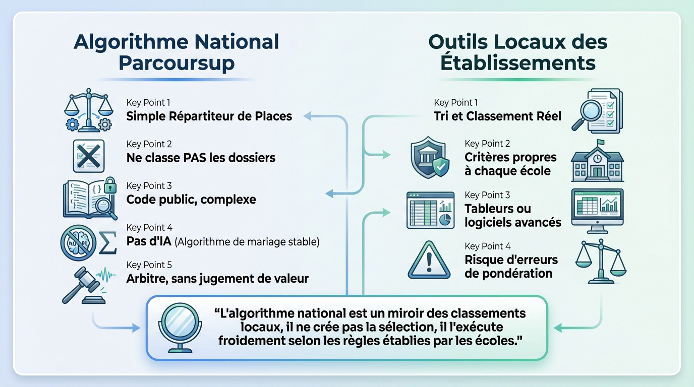 Schéma comparatif entre le moteur national Parcoursup et les outils de sélection locaux des écoles