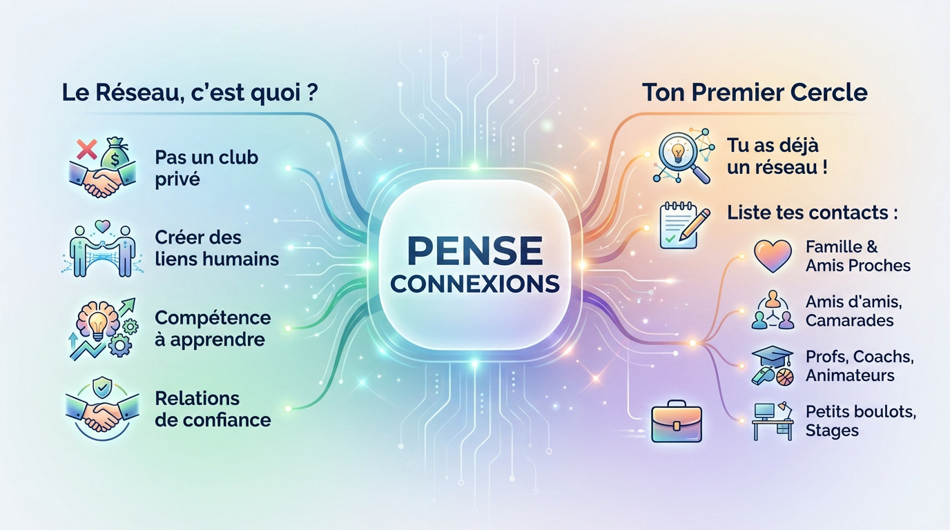 Illustration stylisée montrant des connexions humaines simples pour construire son avenir professionnel