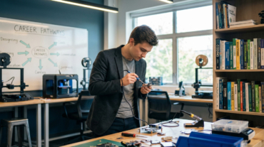 Young man soldering electronics in a vibrant, well-lit tech workshop. Background shows career pathways chart, books, 3D printers.
