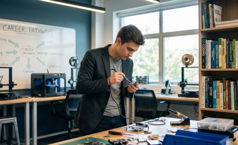 Young man soldering electronics in a vibrant, well-lit tech workshop. Background shows career pathways chart, books, 3D printers.