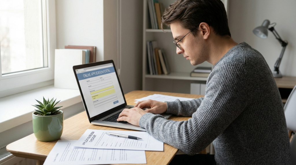 A focused student intently reviews an online application on a laptop, with a checklist, pen, and plant on a well-lit desk.